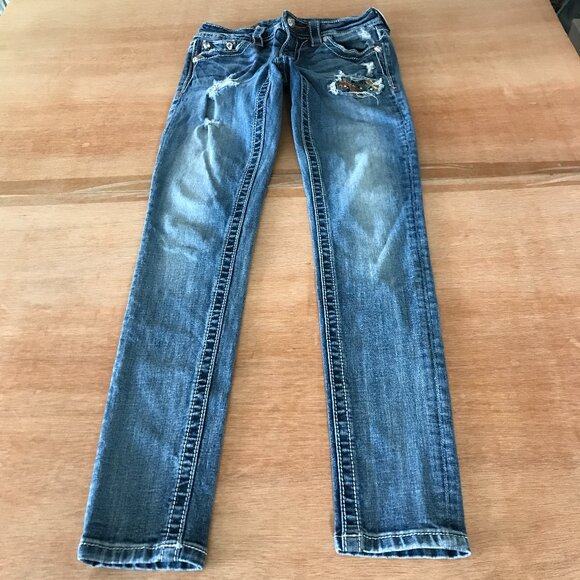 Miss Me Signature Cuffed Skinny Jeans Women 25 Blue Low Rise Aztec Patch Flap - Picture 2 of 16